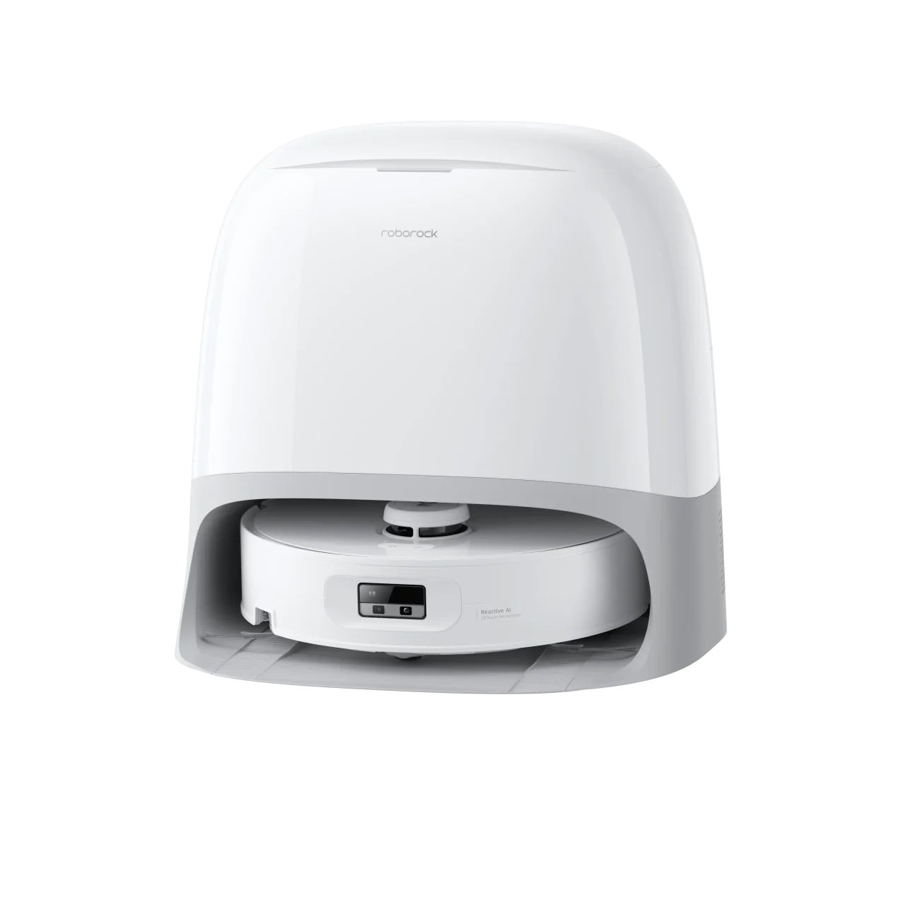 Qrevo Curv 2 Flow。白い本体で、ドックにロボット掃除機が収まっている
