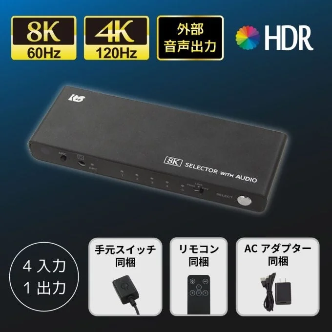 4入力1出力HDMIセレクター RS-HDSW41A-8Kの黒い本体と同梱の手元スイッチ・リモコン・ACアダプター