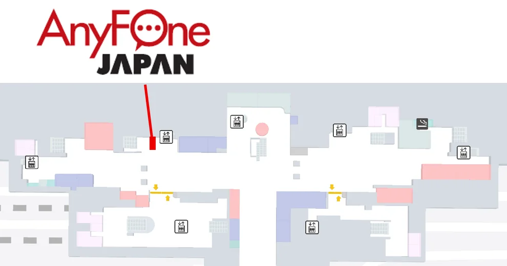 AnyFone JAPANのロゴと、赤い印で設置場所を示した空港フロアマップ