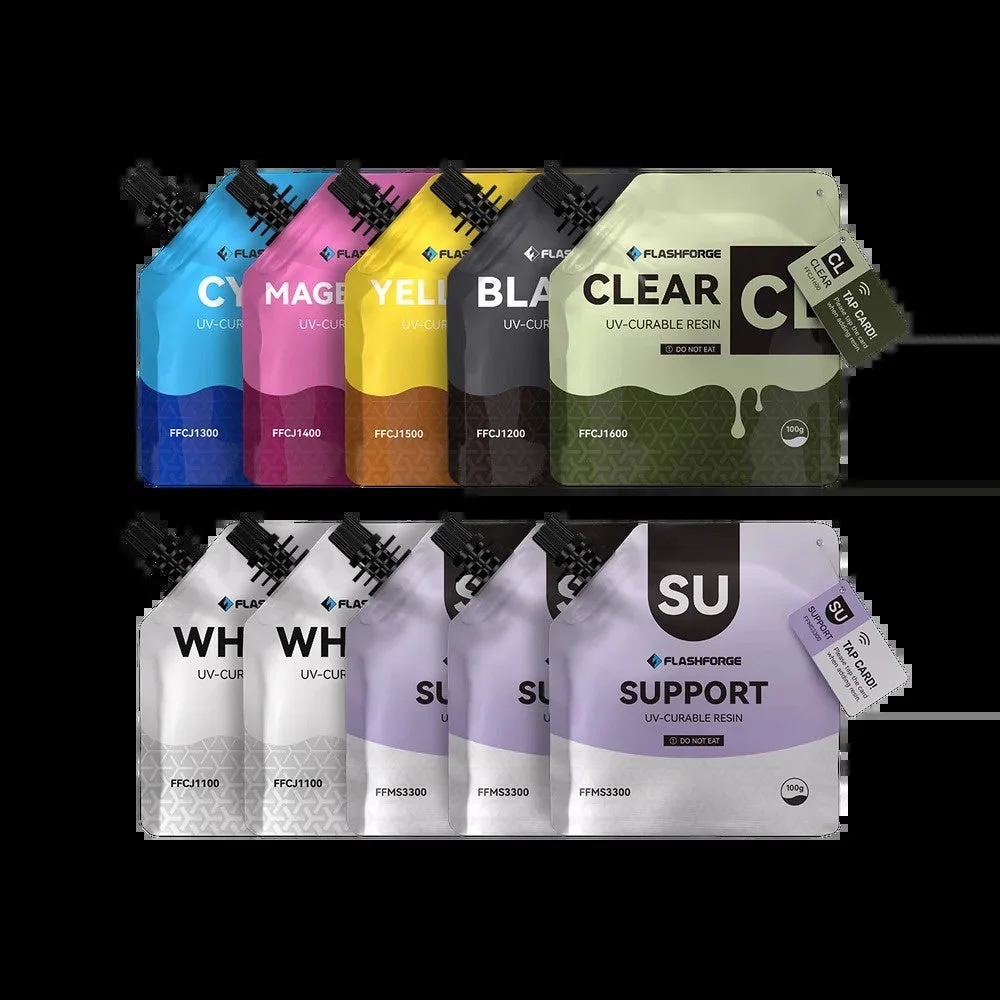 フルカラーUVレジンセットの10個のパウチ。CMYK、ホワイト、クリア、サポート材