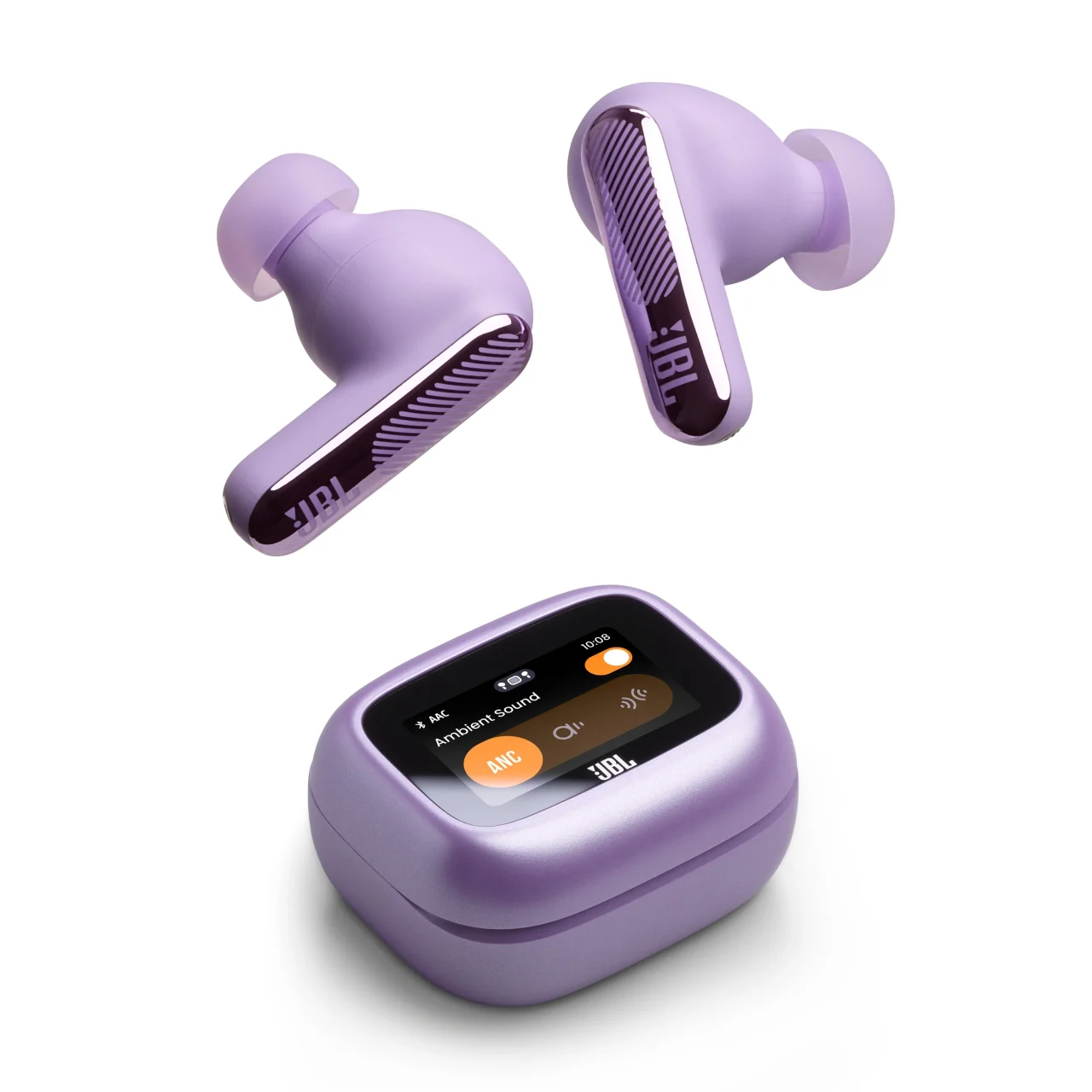 JBL Live Beam 4。タッチディスプレイ付き充電ケースと紫色のイヤホン