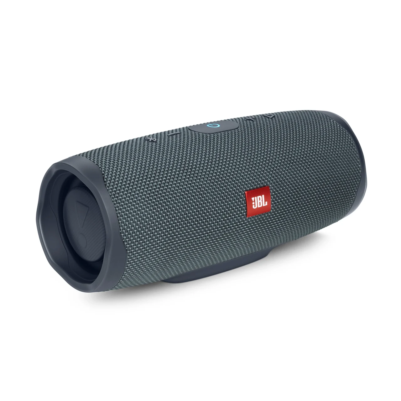 JBL Charge Essential 2。グレーのファブリック調で円筒形のポータブルスピーカー