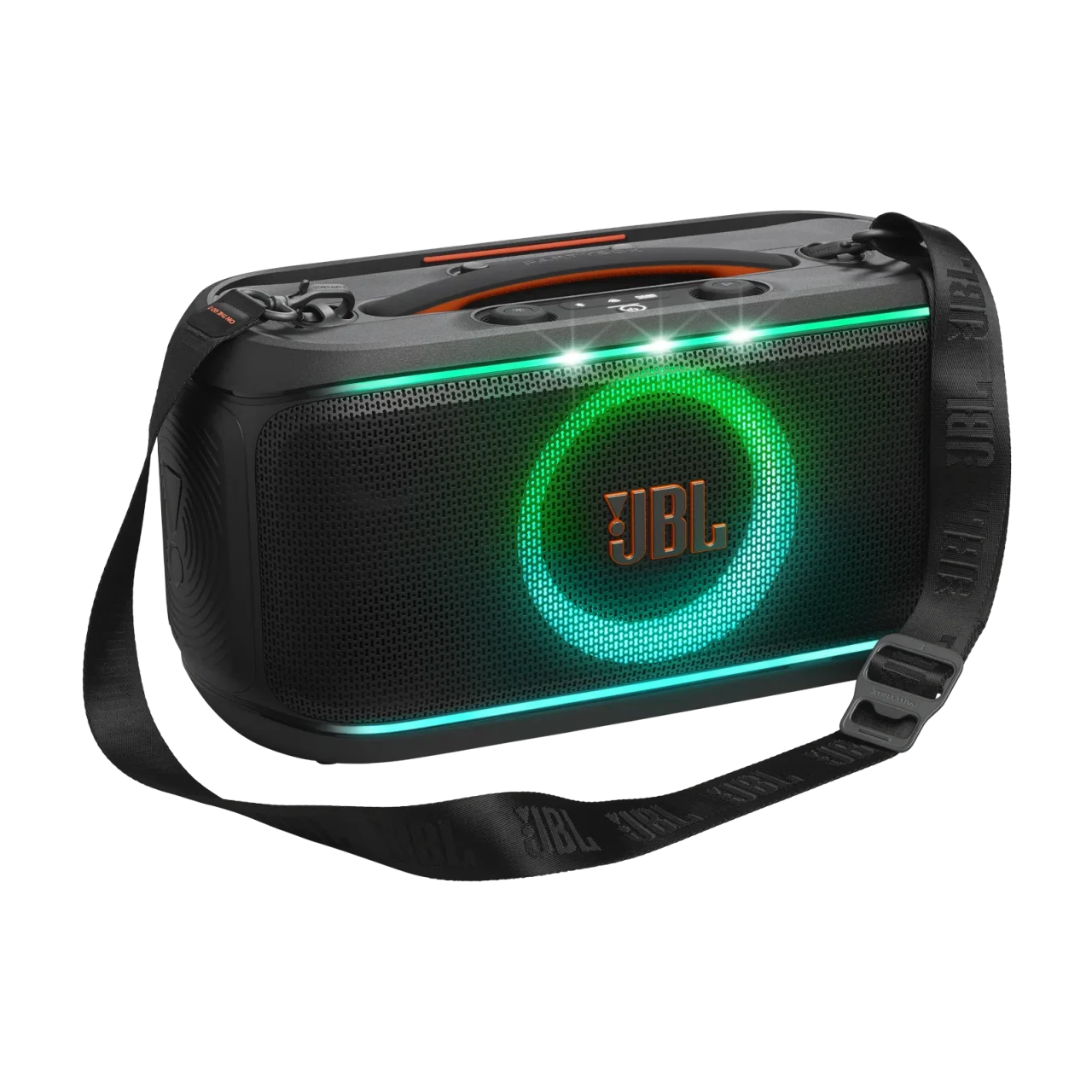 JBL PartyBox On-The-Go 2 ES。緑の光るリングとショルダーストラップ付き