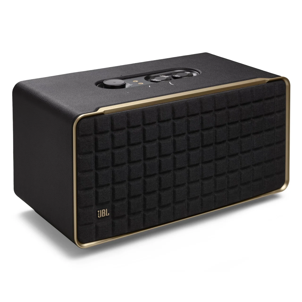 JBL Authentics 500。金色の枠と格子状の黒いグリルを備えた黒いスピーカー