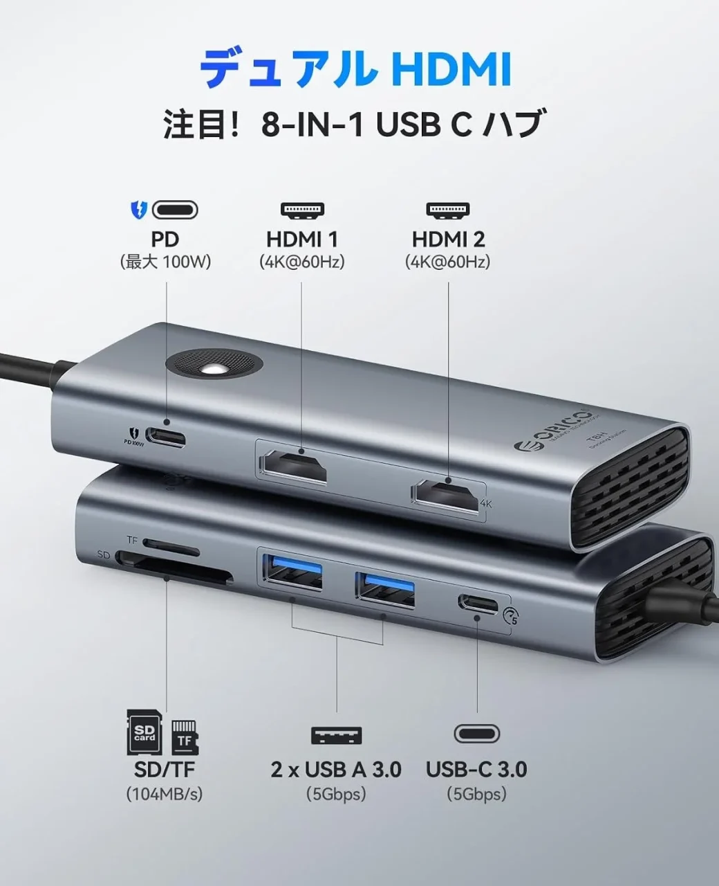 デュアル4K@60Hz出力に対応した8-in-1 USB-Cドッキングステーションのポート配置