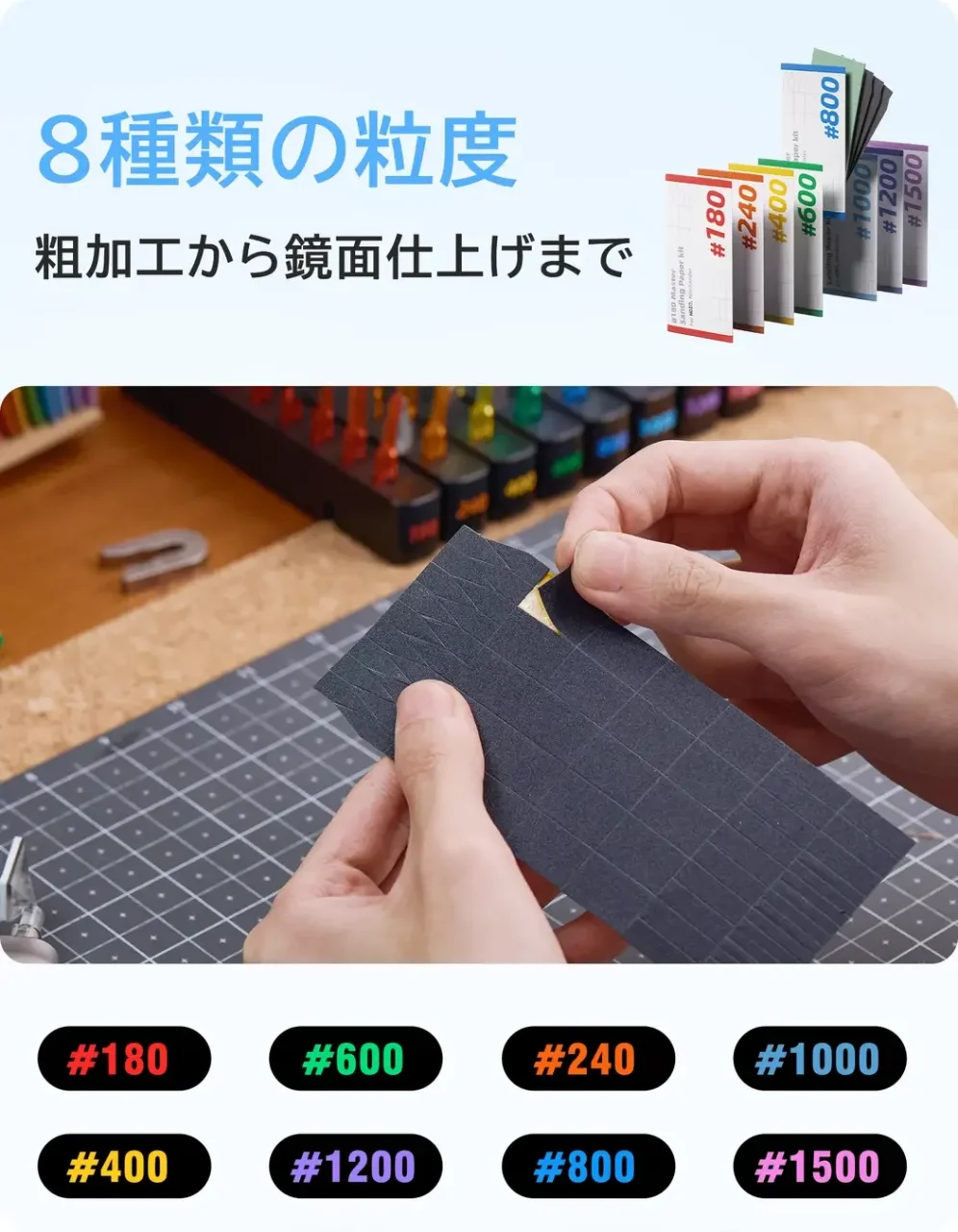 NeoSanderの8種類のサンドペーパー。#180〜#1500の番手を色分け