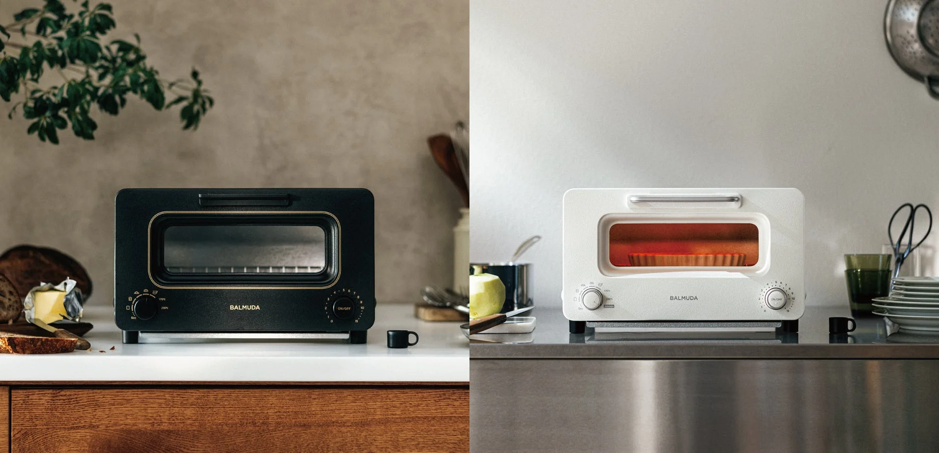 キッチンに並ぶ黒と白のBALMUDA The Toaster