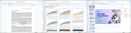 ibisOfficeでWord・Excel・PowerPointの文書を並べて表示した画面