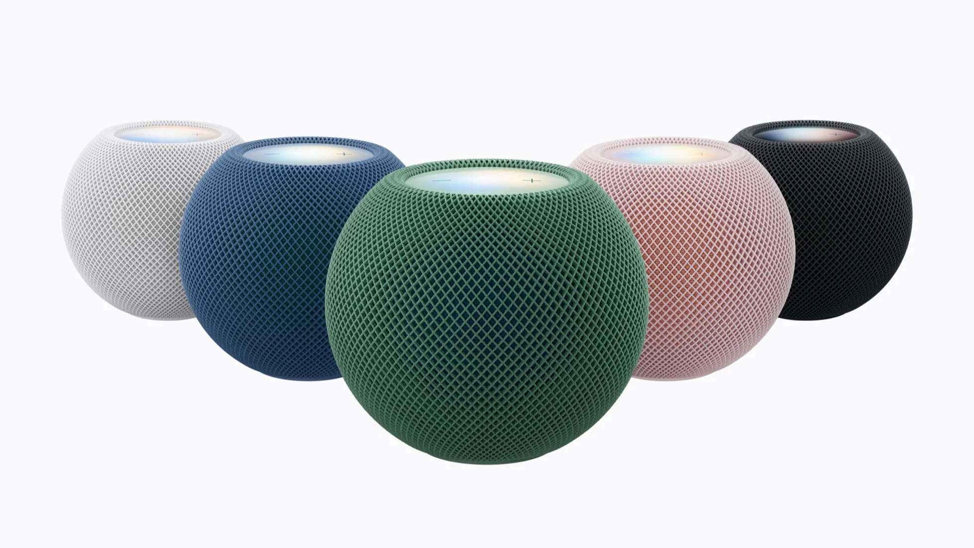 HomePod mini 2の5色（ホワイト、ブルー、グリーン、ピンク、ミッドナイト）