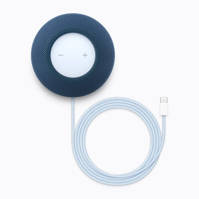 ブルーのHomePod mini 2を上から見た図。上部に−と+、水色のケーブル
