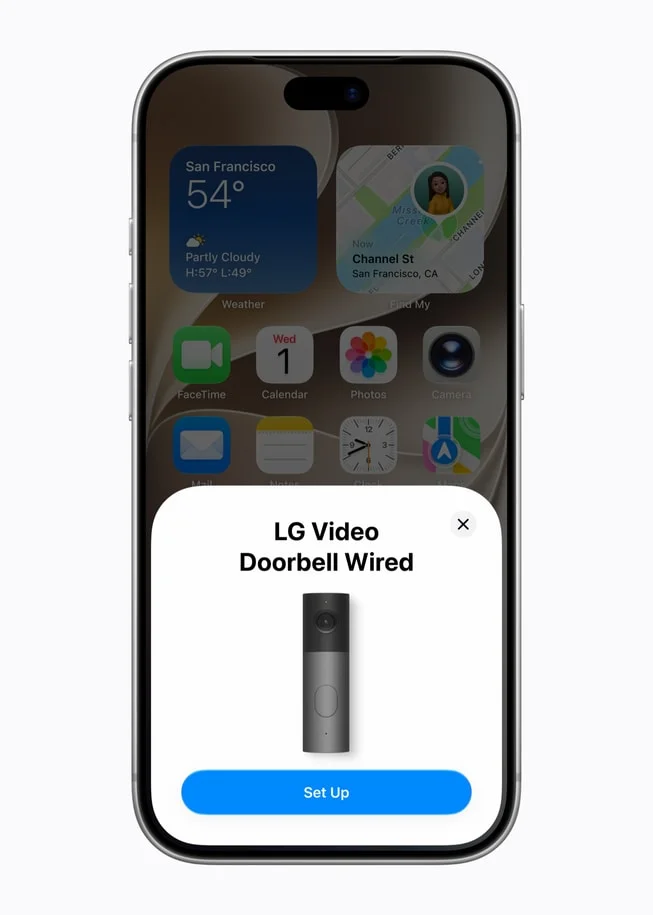 iPhone画面にLG Video Doorbell Wiredの設定カードが表示された様子