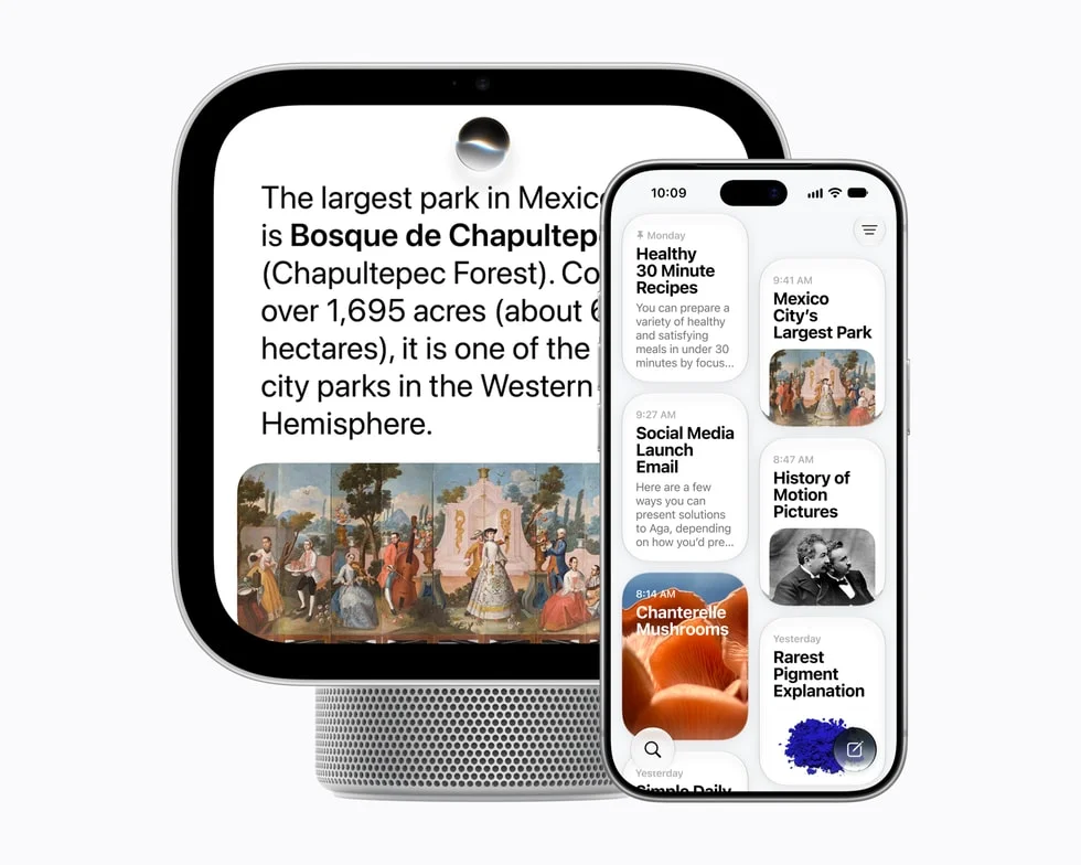 HomeViewの画面とiPhoneに表示されたSiri AIの回答とメモ一覧