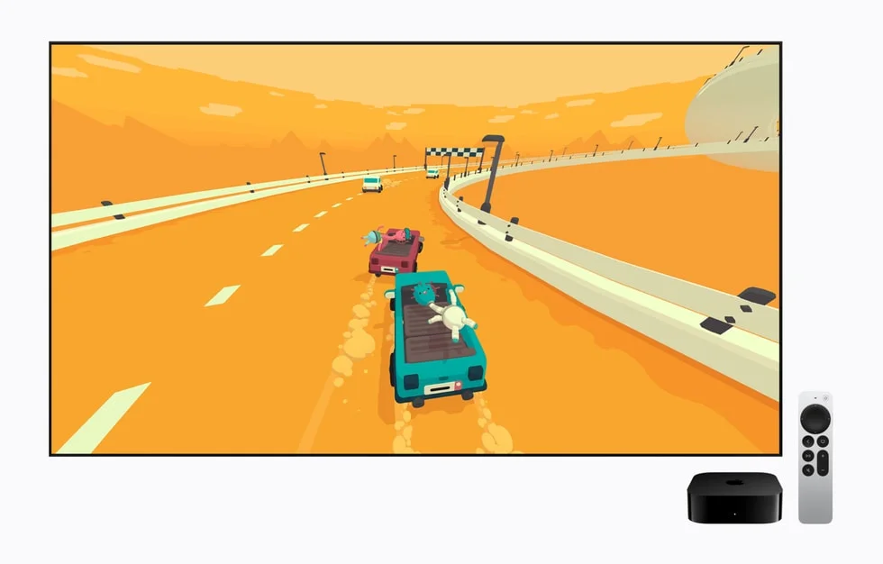 テレビ画面にレースゲームを表示したApple TV 4KとSiri Remote