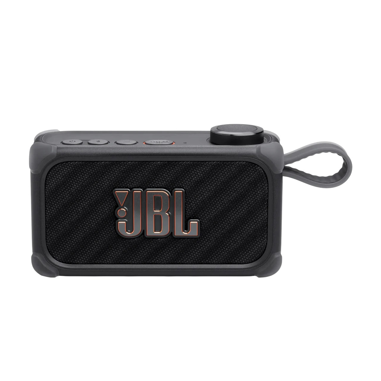JBL BandBox Solo 正面。黒いメッシュグリルにJBLロゴ、上部にボタンとダイヤル、ストラップ付き