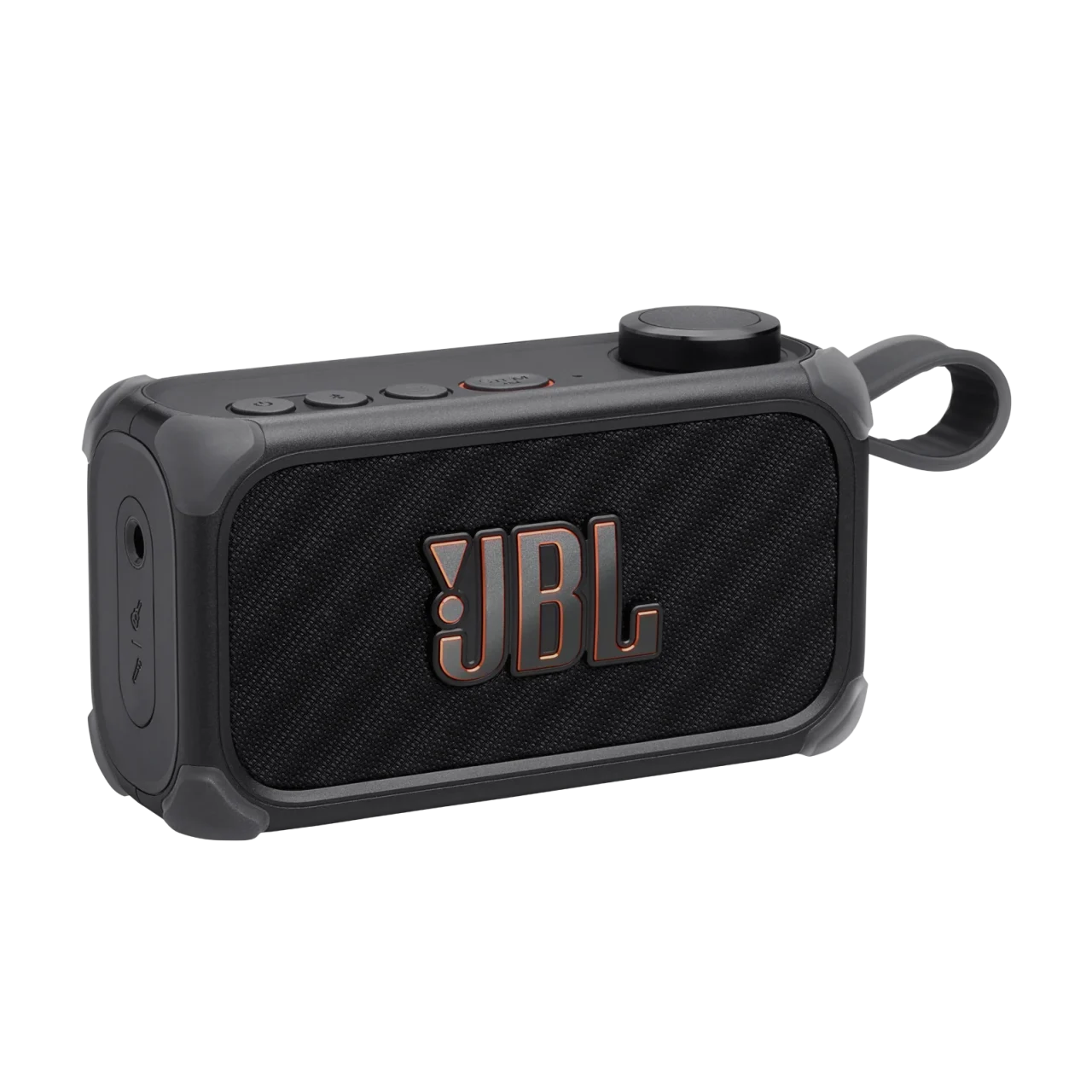 JBL BandBox Solo。黒い小型ポータブルスピーカーの斜め前からの外観