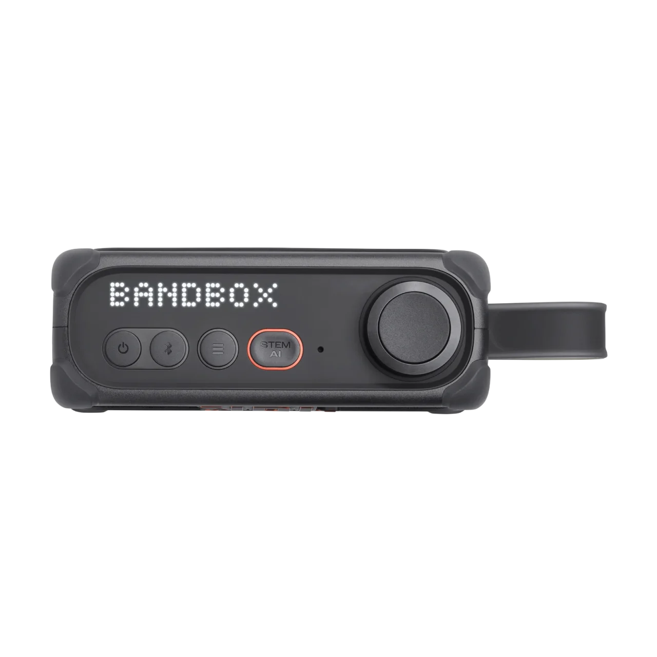 JBL BandBox Solo の上面。ボタンとノブ、ストラップが見える黒い本体