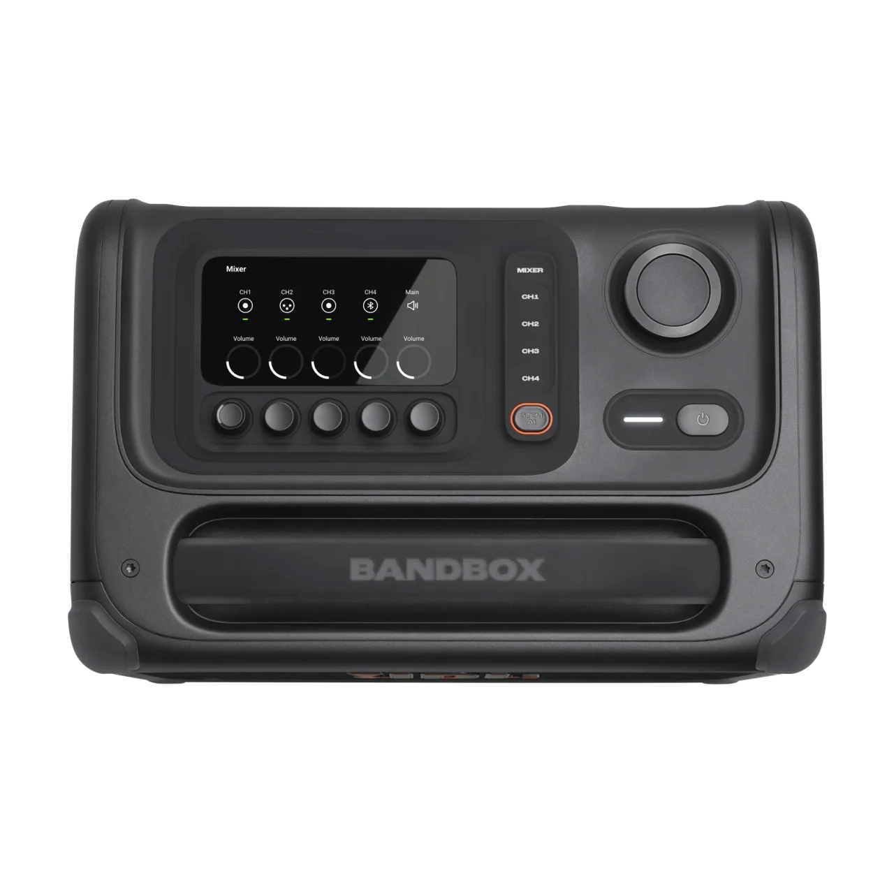 JBL BandBox Trioの上面。ミキサー表示、ノブ、ボタン、BANDBOXロゴ