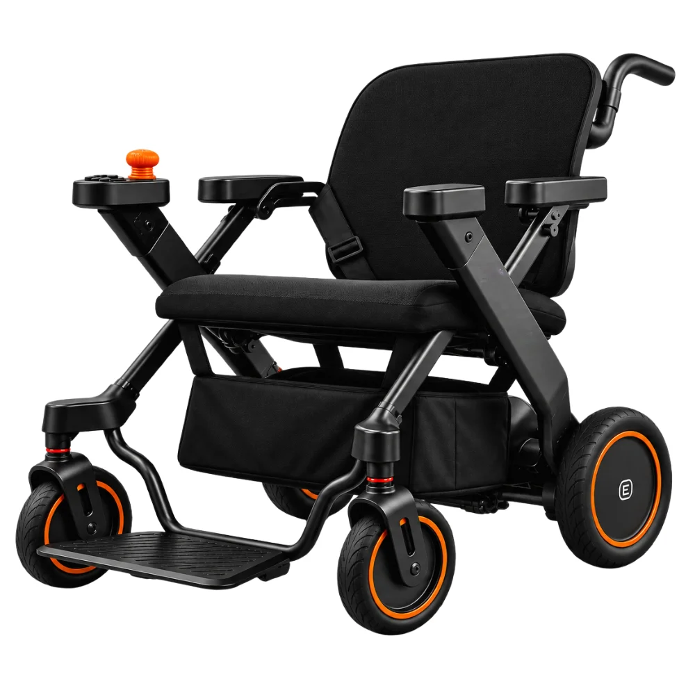 電動車いす「e-Buddy(イーバディ)」の黒い車体とオレンジ縁の車輪