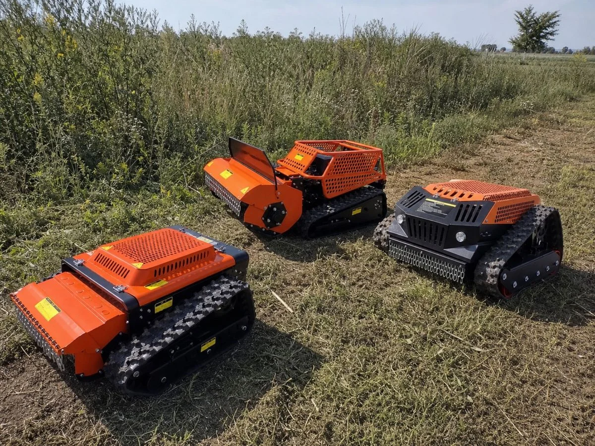 JRSYシリーズ。草地に並ぶオレンジ色のクローラー式ラジコン草刈機3台