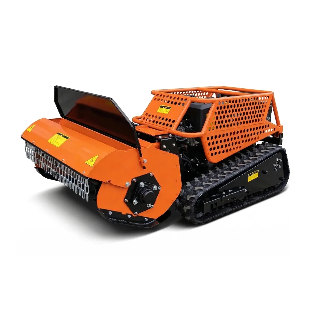 JRSY800本体。オレンジ色のクローラー式ハンマーナイフ草刈機