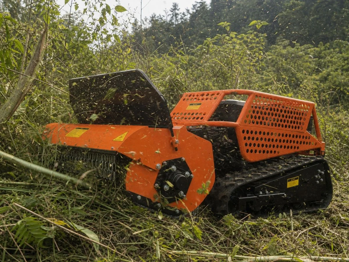JRSY800作業イメージ1。草地で刈り作業をするオレンジ色のクローラー式草刈機