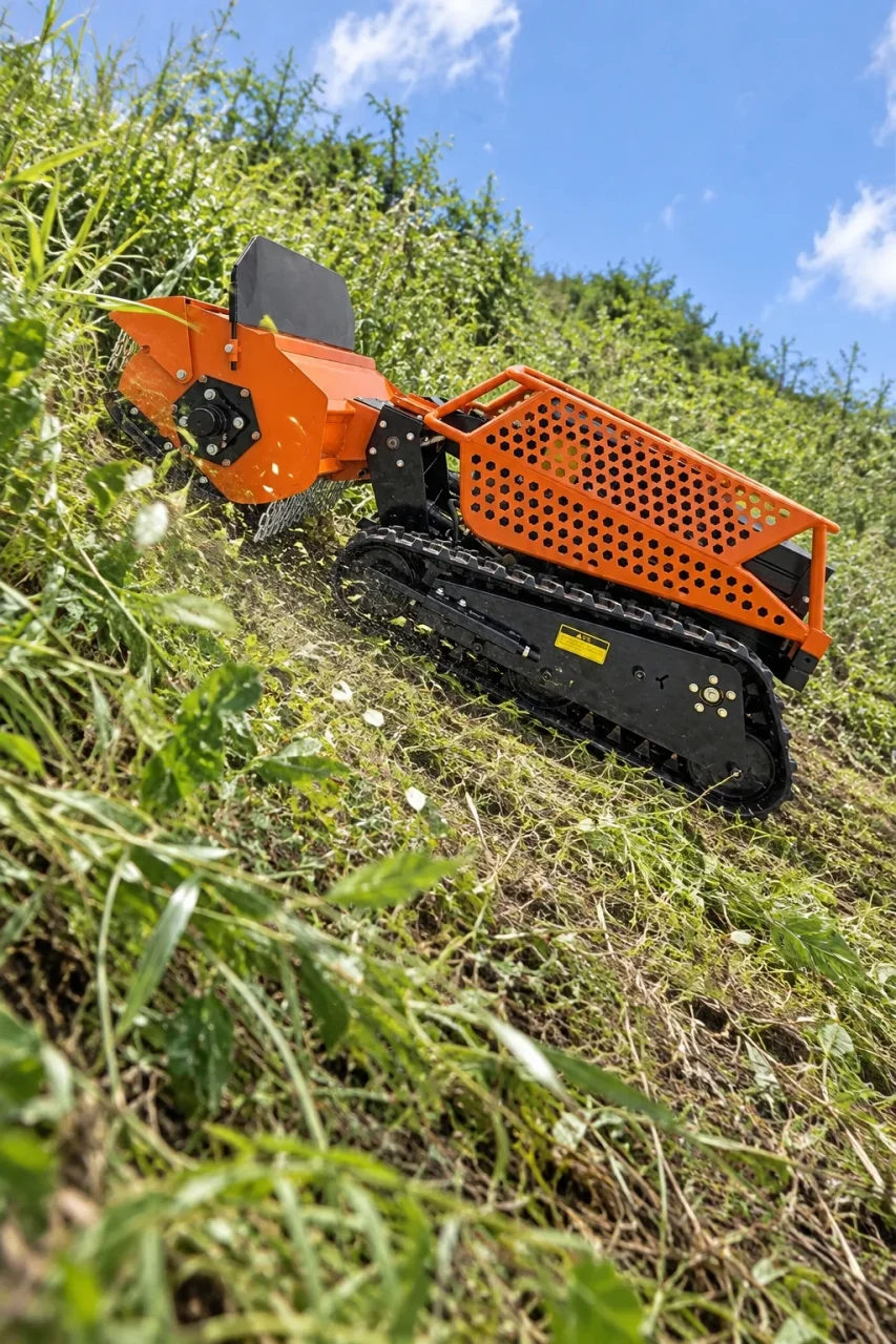 JRSY800作業イメージ3、草の生えた斜面を進むオレンジ色のクローラー式草刈機