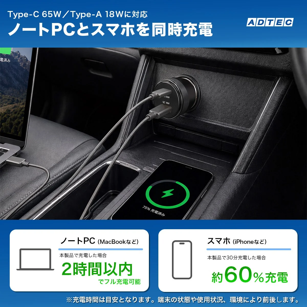 車内のコンソールに挿した車載充電器でノートPCとスマホを同時充電する様子