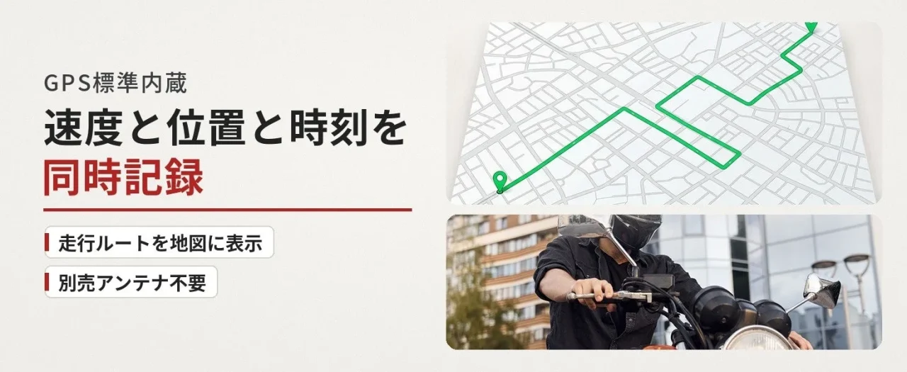 GPS標準内蔵で速度・位置・時刻を記録、走行ルートを地図表示
