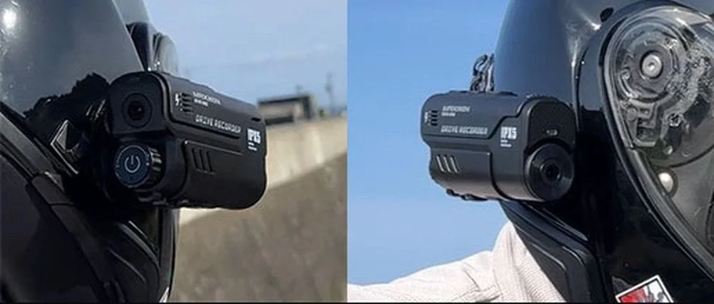 ヘルメット側面に装着した前後2カメラ搭載のドライブレコーダー