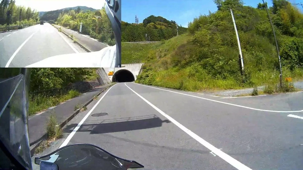 前後2カメラの映像を上下に並べた、トンネルに向かう道路の走行画面