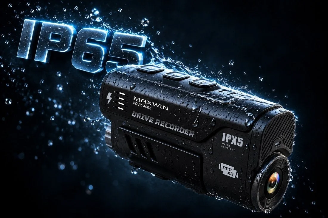 水しぶきを浴びるMAXWIN BDVR-A002と IP65・IPX5の表示