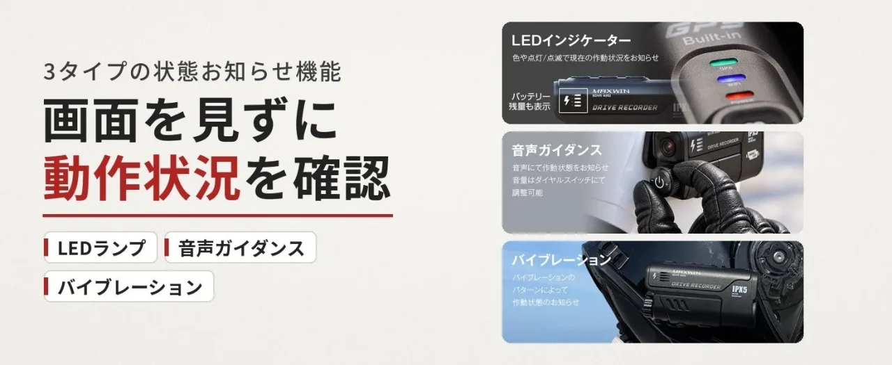 LED・音声・振動の3つのお知らせ機能を示すドラレコの説明画像