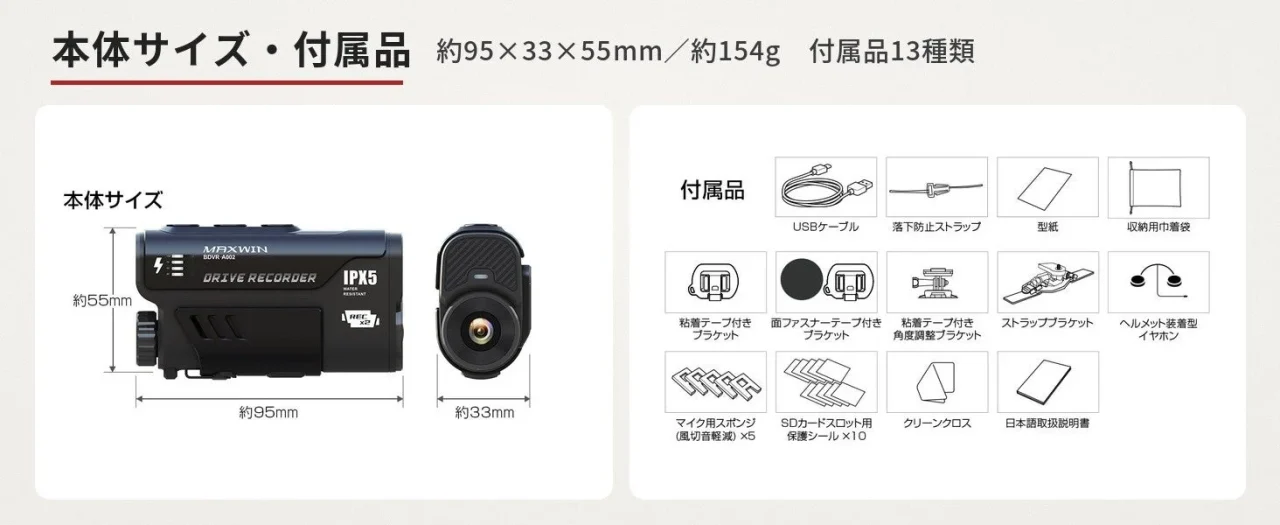 BDVR-A002の本体サイズ約95×33×55mmと付属品13種類の一覧図