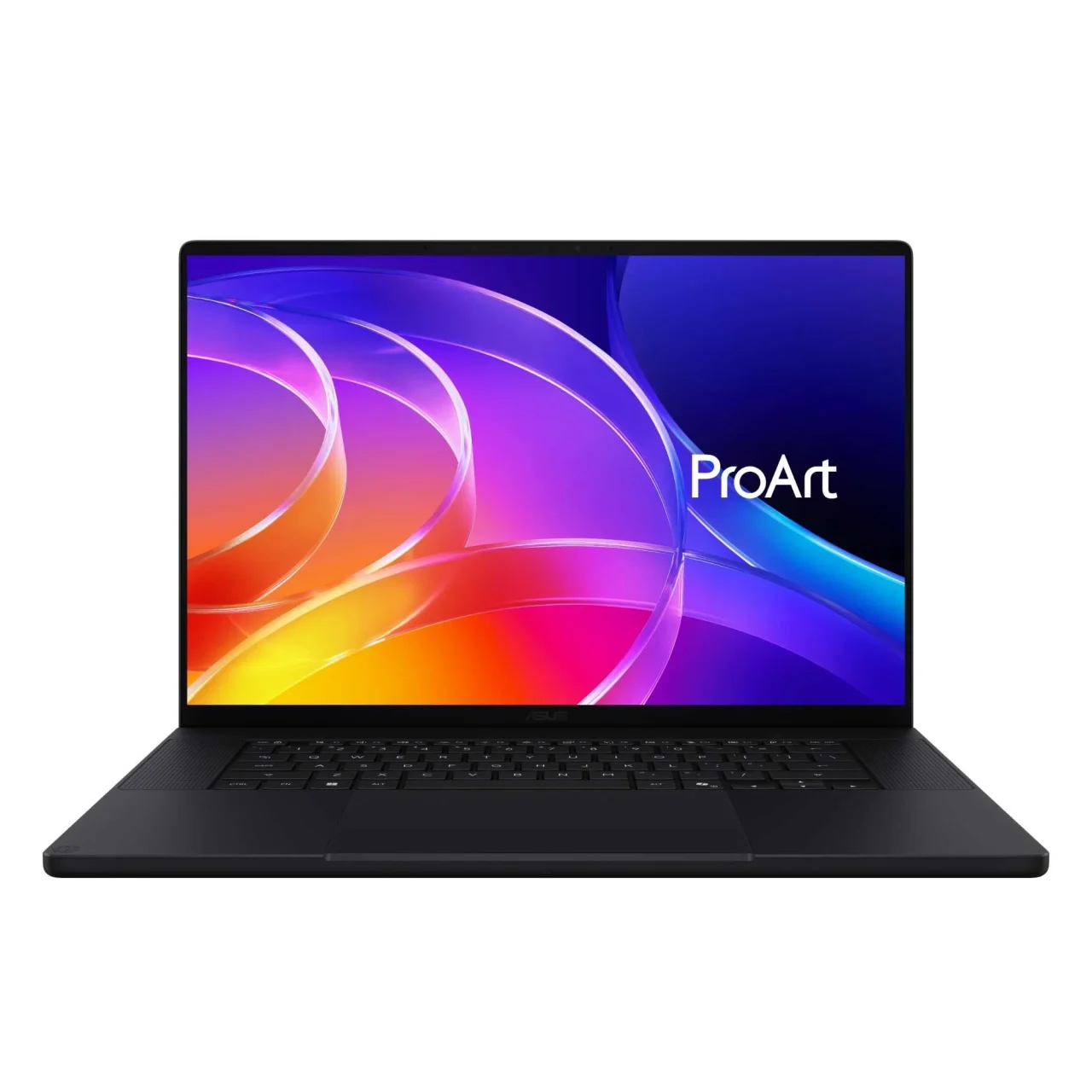 ProArt P16 (H7607) ナノブラックの正面。画面にカラフルな壁紙