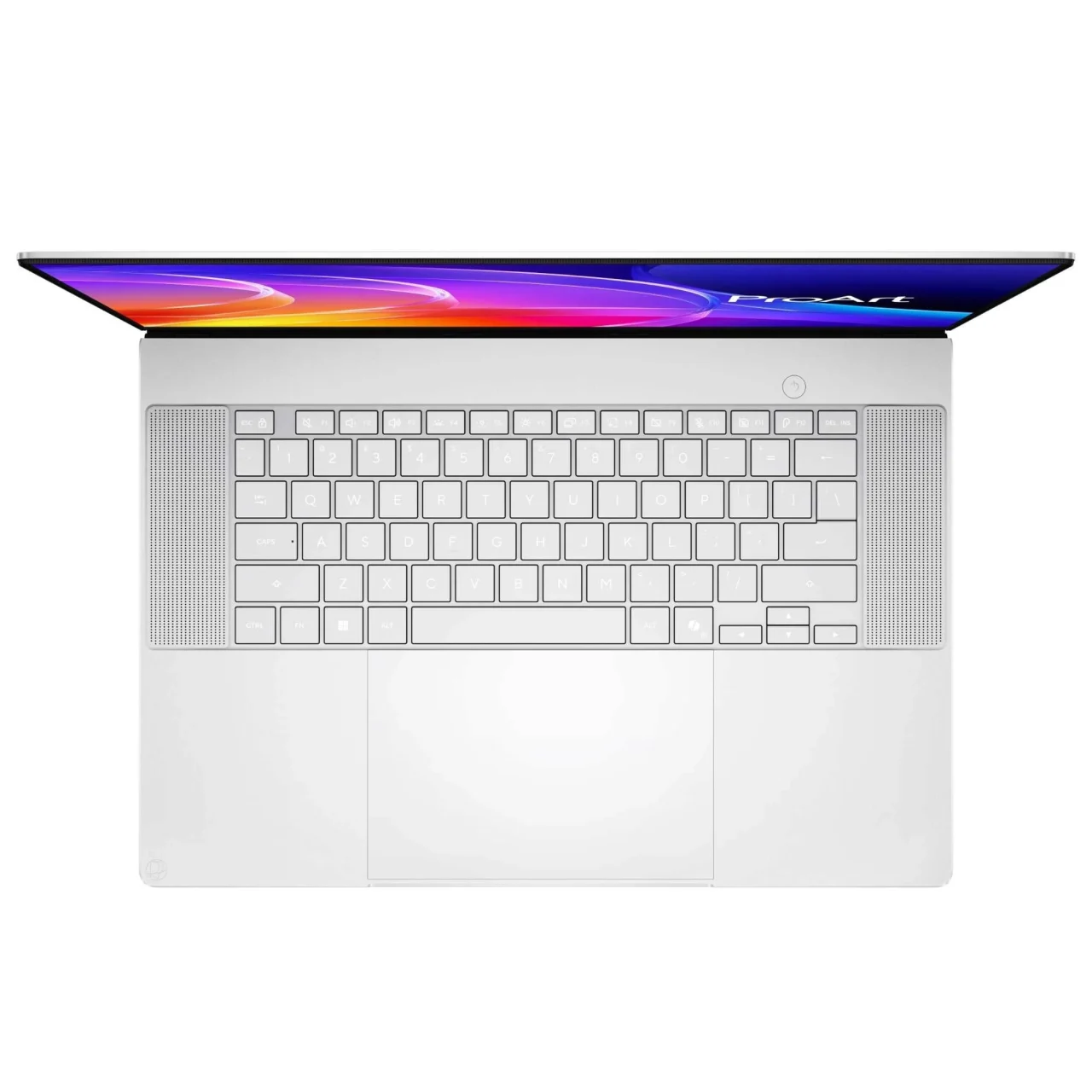 ProArt P16 (H7607) ネオホワイトを真上から見た、キーボードと画面が見えるノートPC