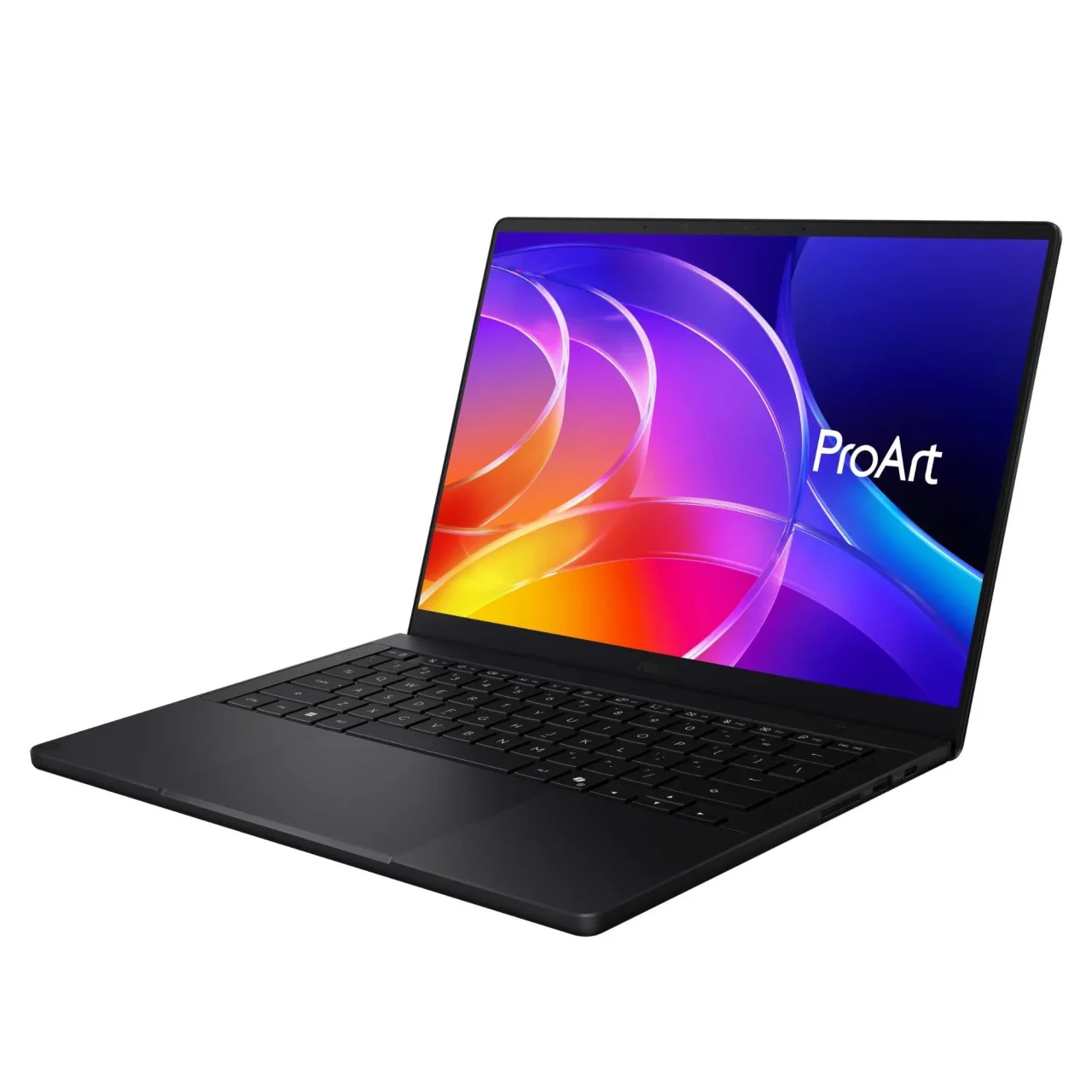 ProArt P14 (H7407) ナノブラックを左斜めから見た、画面にカラフルな壁紙を表示したノートPC