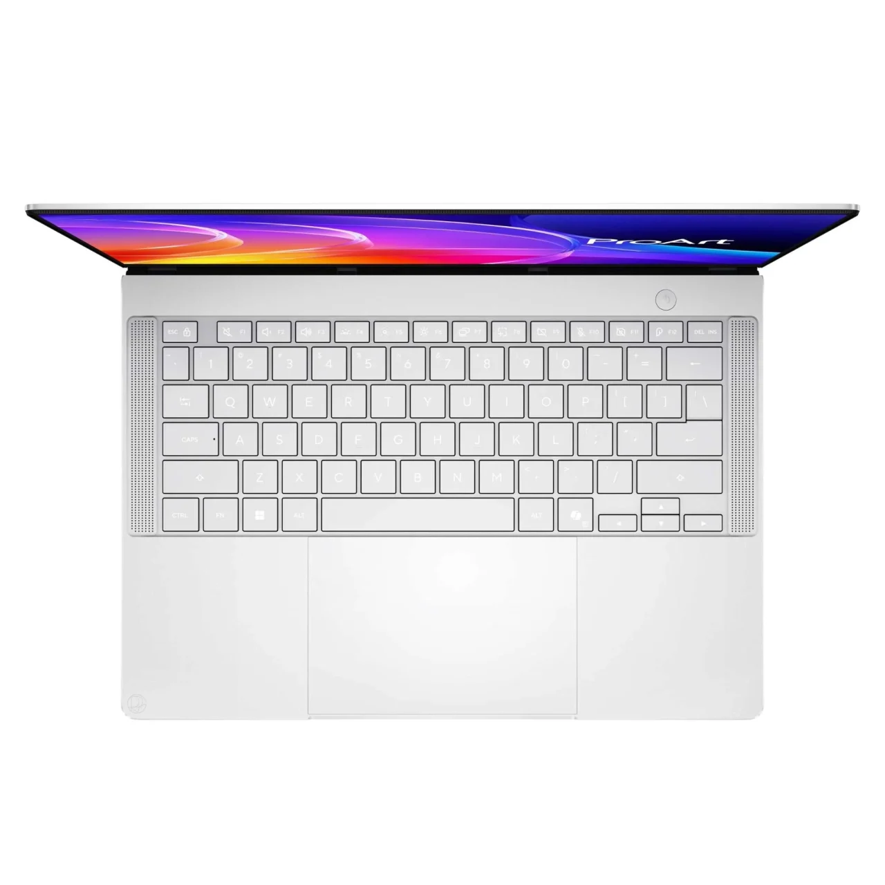 ProArt P14 (H7407) ネオホワイトを真上から見た、白いキーボードのノートPC