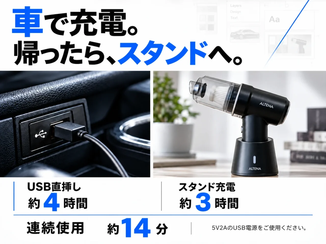 ALTENAのハンディクリーナーと車のUSBポート、充電時間の目安