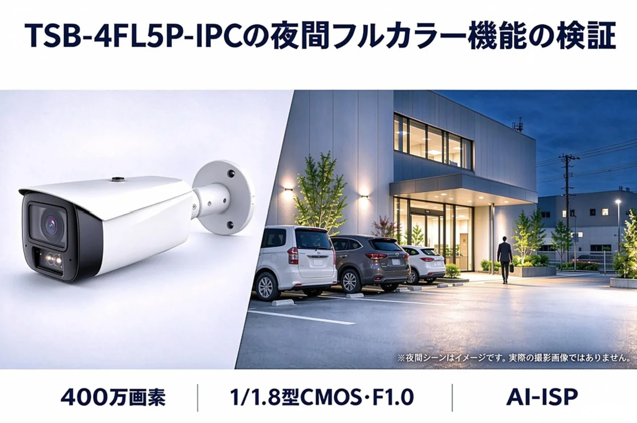 TSB-4FL5P-IPCの白いバレット型カメラと夜の駐車場・建物の合成ビジュアル