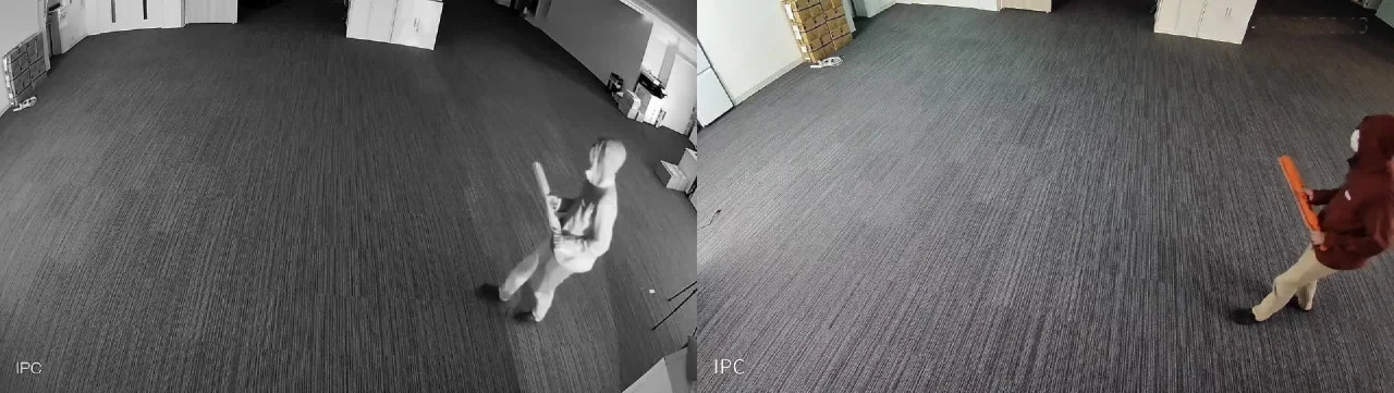 赤外線白黒映像とTSB-4FL5P-IPCのフルカラー映像を左右に並べた比較