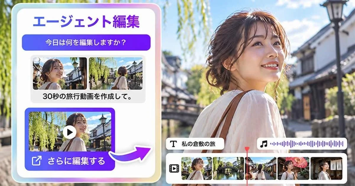 AI 編集エージェントのチャット画面と旅行動画のタイムライン
