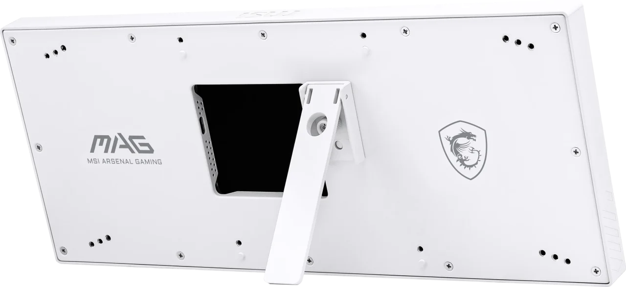 MAG VIEW XPANDER 12 / WHITEの背面。白い本体にスタンドとMAG・MSIロゴ