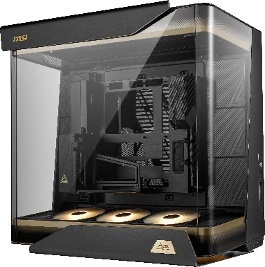 MEG MAESTRO 900R PCケース。曲面ガラス越しに内部と下部の3連ファンが見える