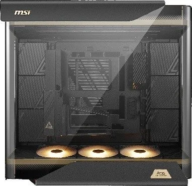 MEG MAESTRO 900Rの正面。曲面ガラス越しに内部と底部の3基のファンが見える