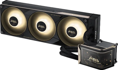 MEG CORELIQUID E15 360の360mm水冷クーラー。3連ファンと曲面ディスプレイのヘッド