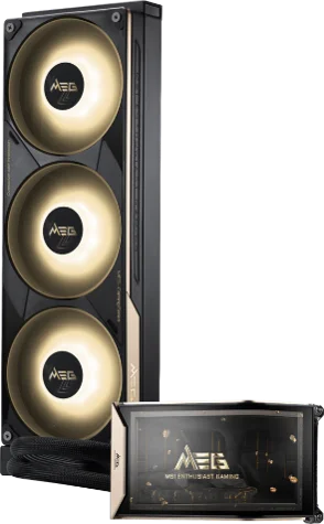 MEG CORELIQUID E15 360の3連ファン水冷ラジエーターと曲面ディスプレイ