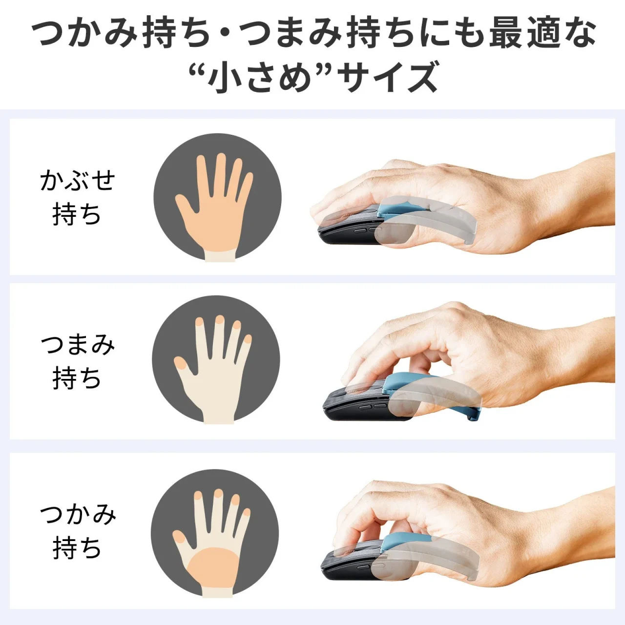 かぶせ持ち・つまみ持ち・つかみ持ちでマウスを操作する手の比較