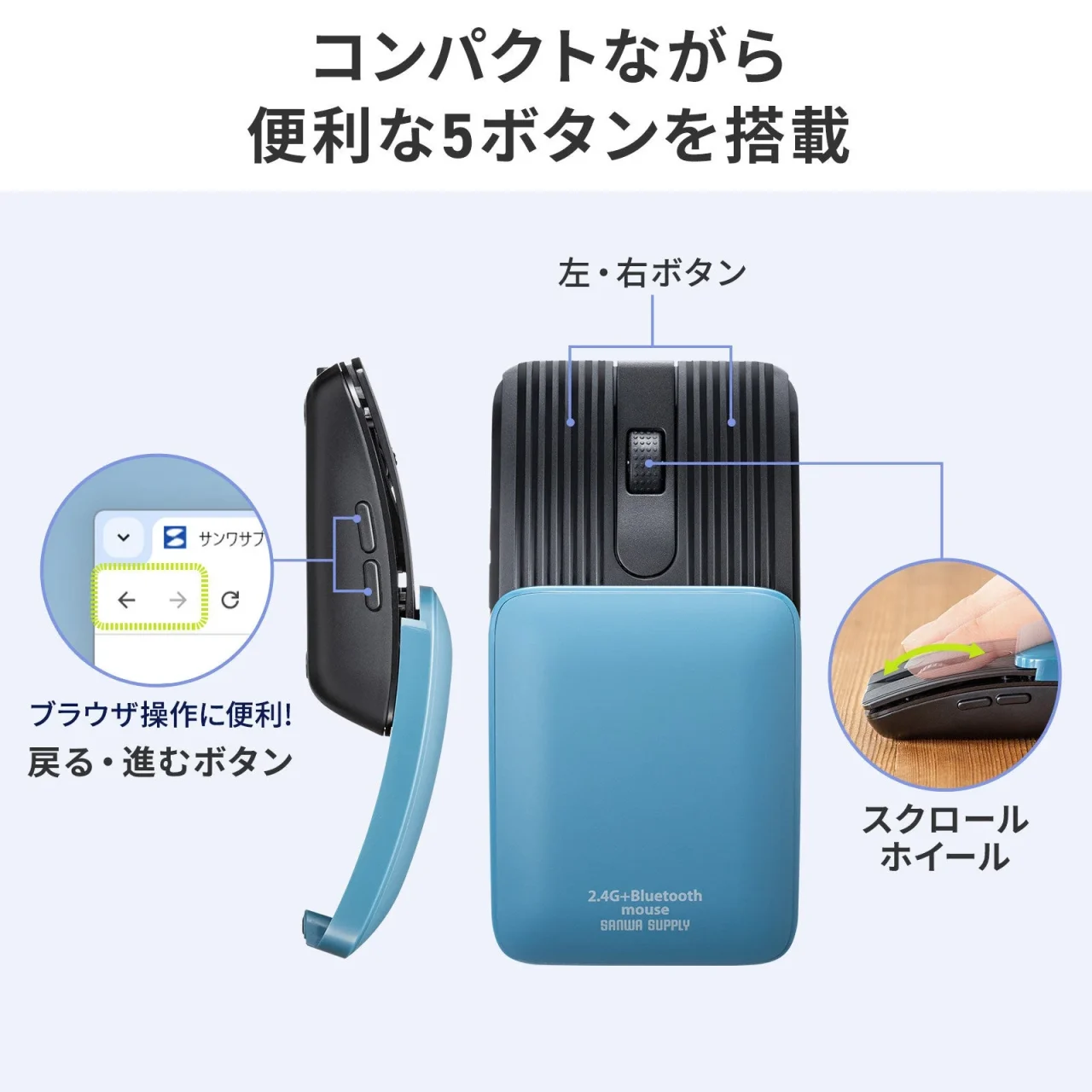5ボタン搭載のコンパクトなブルーのマウス。左右ボタンやスクロールホイールを解説