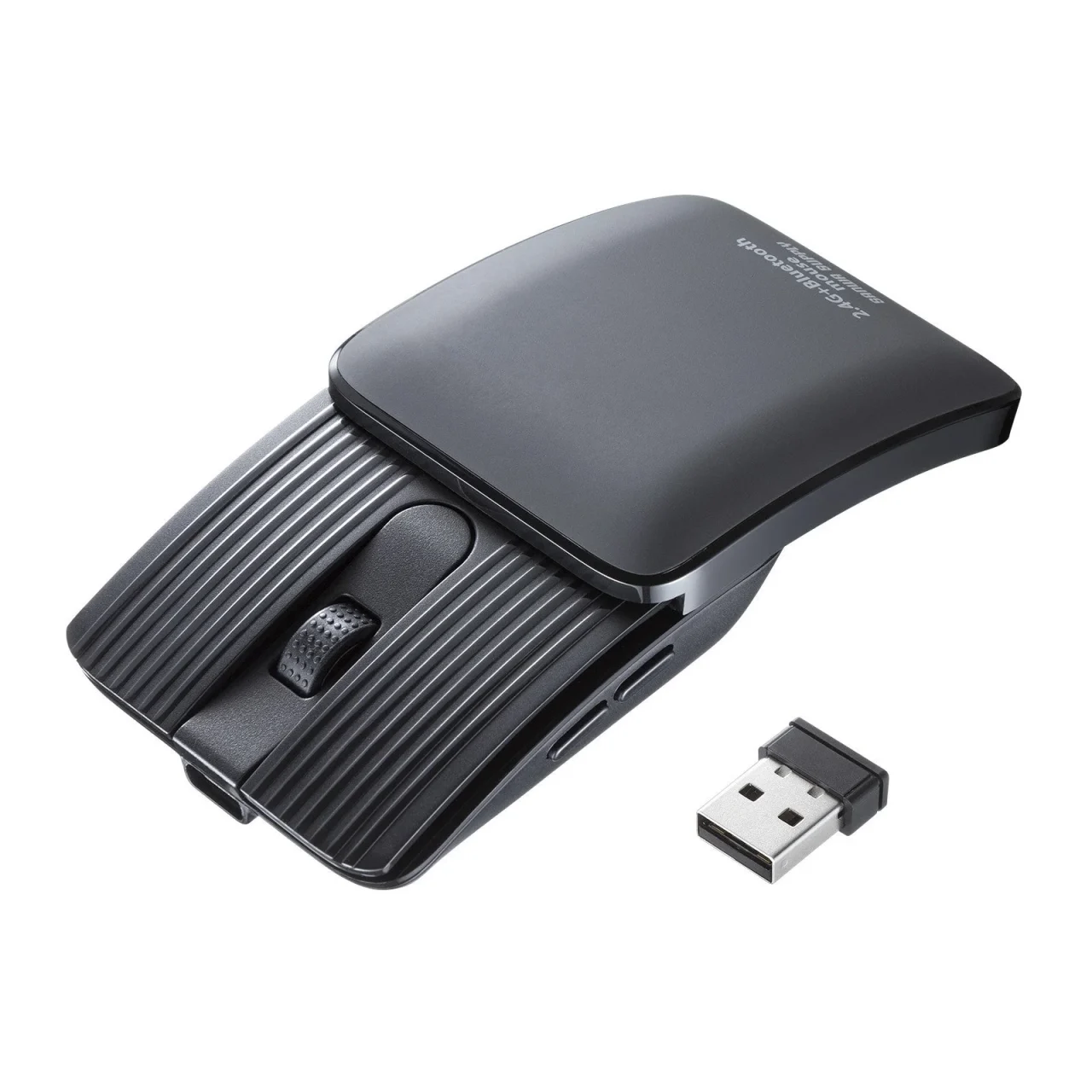 グレーの充電式モバイルマウスと2.4GHzレシーバー