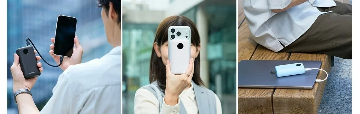 8,000mAhモデルのモバイルバッテリーを使う3場面(スマホ充電、手に持つ、PC横で充電)